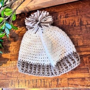 Handmade brown & white crochet Pom Pom sock hat